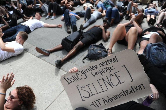 LAYING ON SIDEWALK FOR LIBERAL CAUSE IS OK; CHALK ON SIDEWALK FOR TRUMP CREATES HYSTERIA.